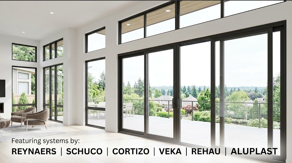 Bright living room with floor-to-ceiling black-framed sliding glass doors. Featuring systems by Reynaers, Schüco, Cortizo, VEKA, REHAU and Aluplast.